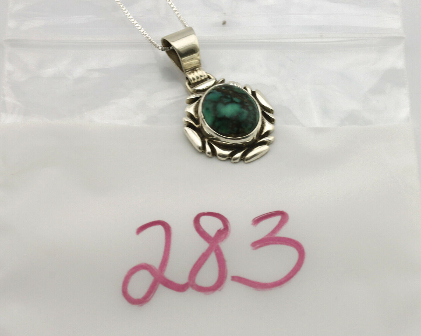 Navajo Necklace .925 Silver Green Variscite Signed Sun C.80's