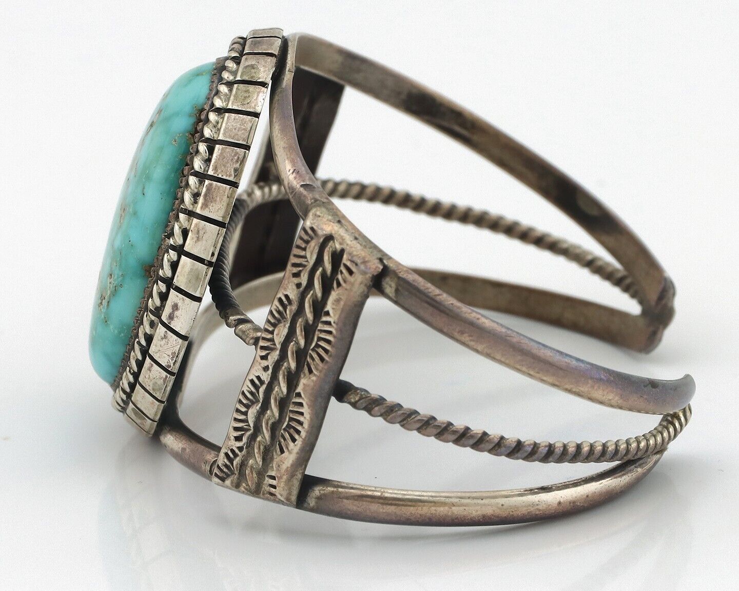 Navajo Bracelet 925 Silver Natural Blue Spiderweb Turquoise Signed Tom Willeto