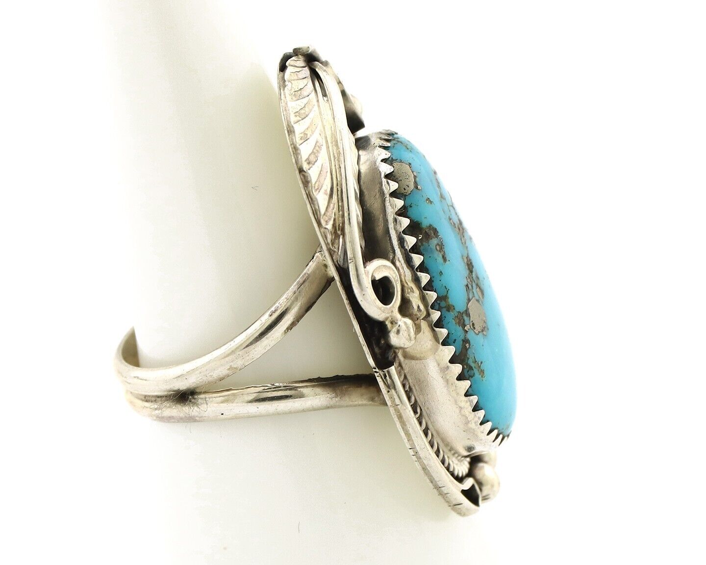 Navajo Inlay Band Ring 925 Silver Blue Morenci Turquoise Signed Justin Morris