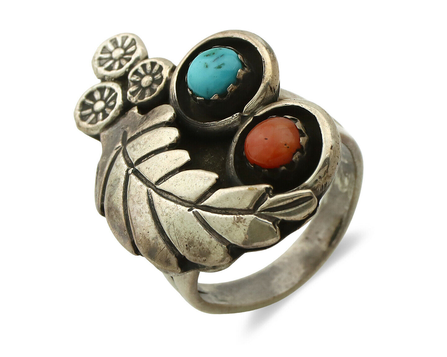 Navajo Ring .925 Silver Turquoise & Coral Native American Artist C.1980's