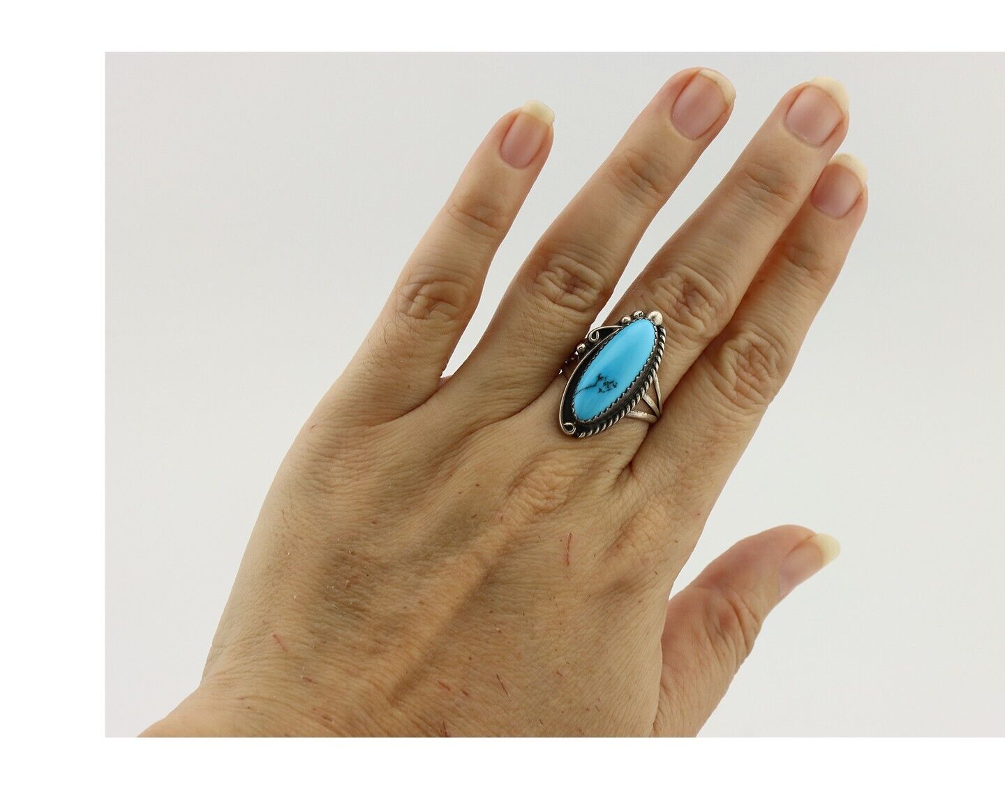 Navajo Ring 925 Silver Natural Blue Turquoise Artist Signed Sarah Curley C.80's