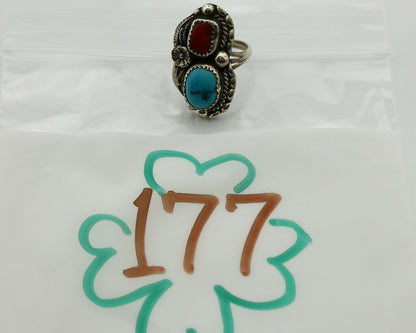 Navajo Ring .925 Silver Turquoise & Coral Artist Signed Thomas Singer C.80's