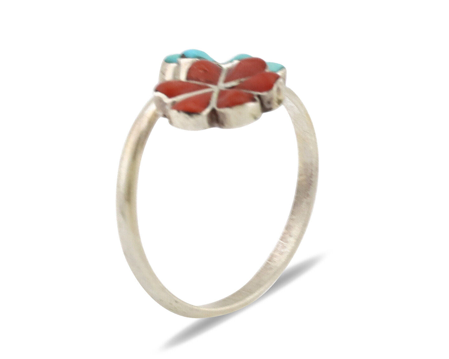 Zuni Flower Ring 925 Silver Turquoise & Coral Native American Artist C.80's