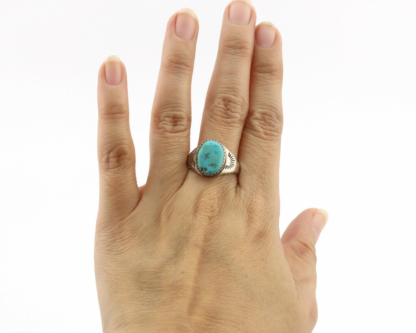 Zuni Ring .925 Silver Natural Blue Turquoise Native American Artist C.1980's