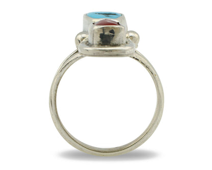 Navajo Ring .925 Silver Blue Turquoise & Red Coral Native American Artist C.80's