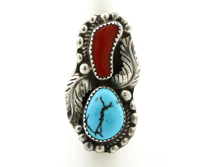 Navajo Ring 925 Silver Blue Turquoise & Coral Signed Stanley Bain C.80's