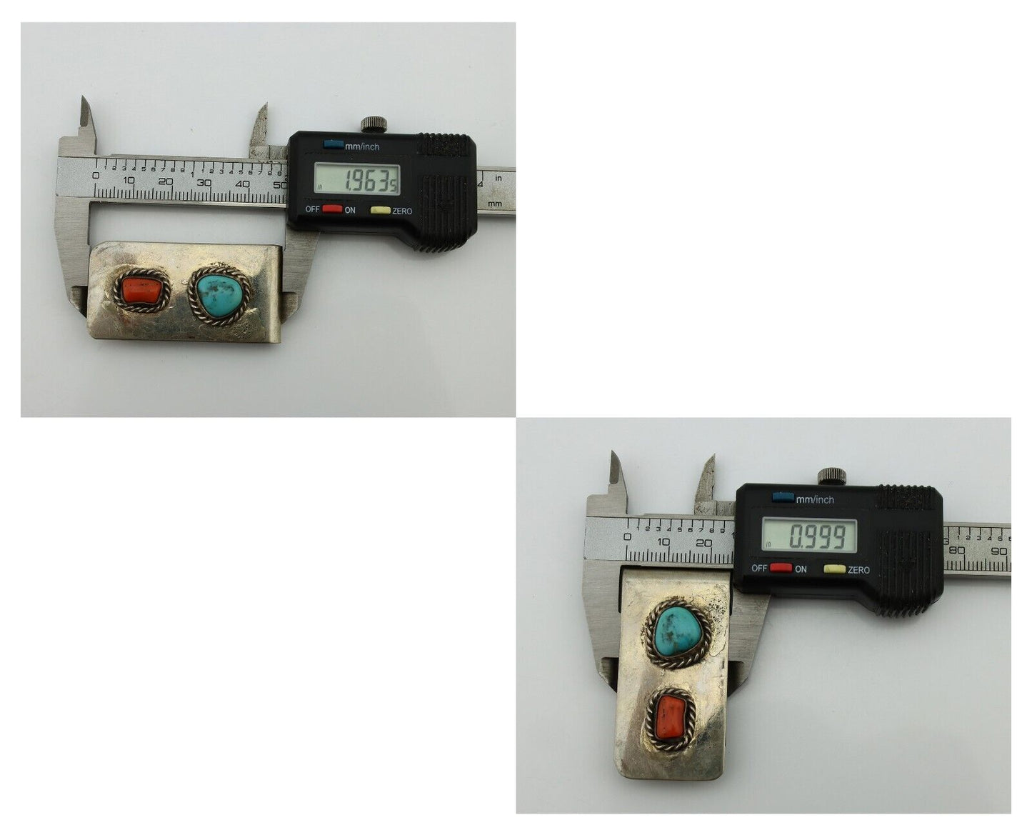 Navajo Money Clip 925 Silver & 999 Nickel Natural Turquoise & Coral Artist C80