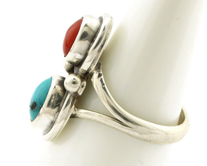 Navajo Handmade Ring 925 Silver Coral & Turquoise Native American Artist C.80's