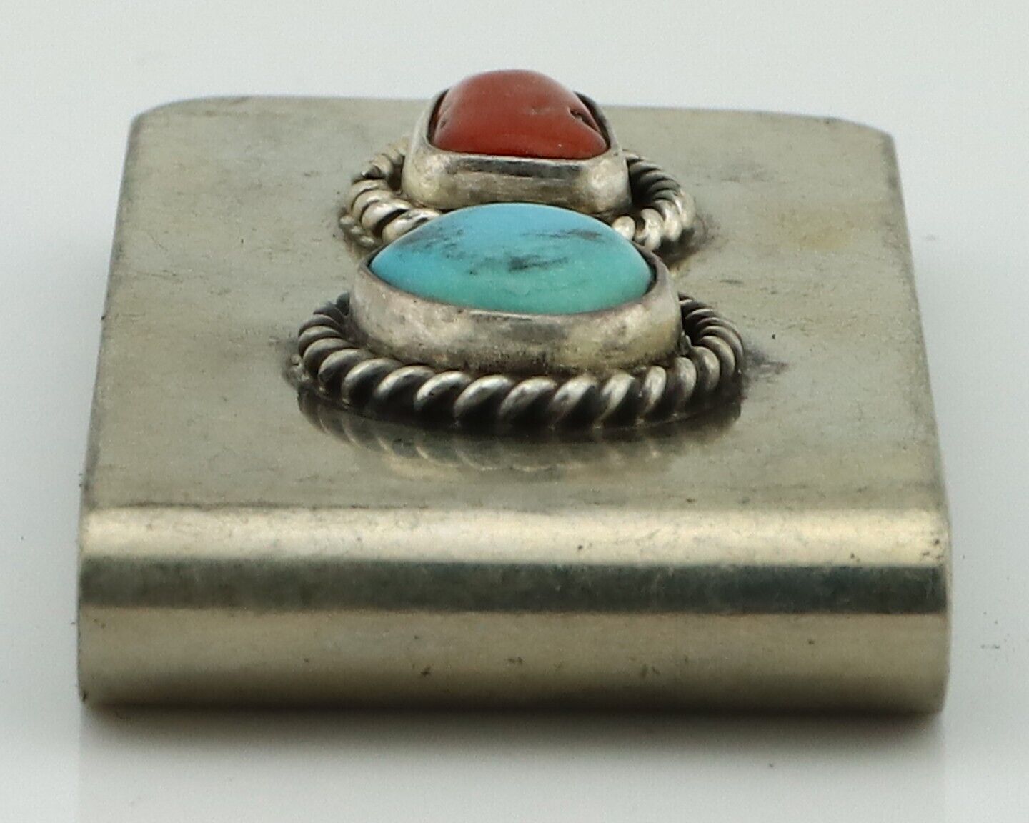 Navajo Money Clip 925 Silver & 999 Nickel Natural Turquoise & Coral Artist C80