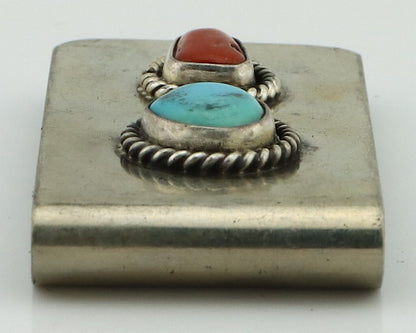 Navajo Money Clip 925 Silver & 999 Nickel Natural Turquoise & Coral Artist C80