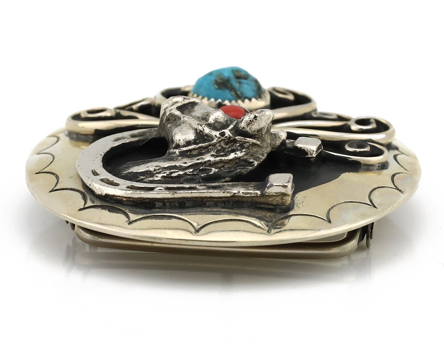 Navajo Horse Belt Buckle Nickle Silver Gemstone Handmade Native American C.80's