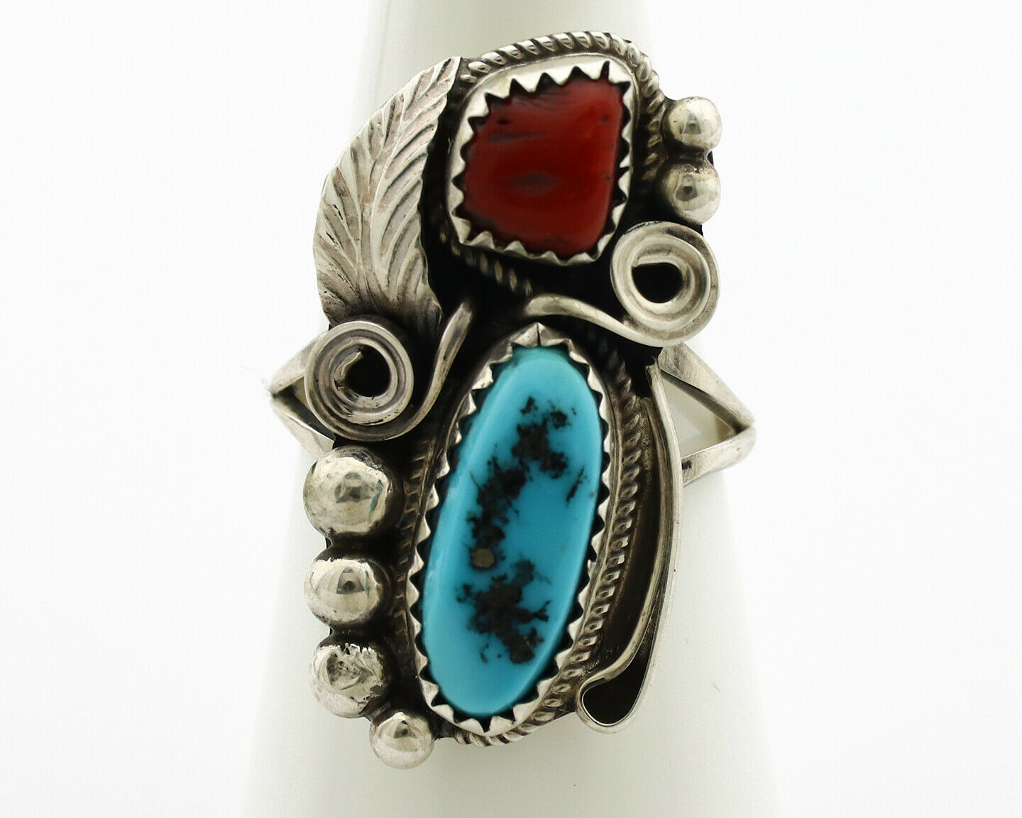 Navajo Ring .925 Silver Turquoise & Coral Artist Signed J Morris C.80's