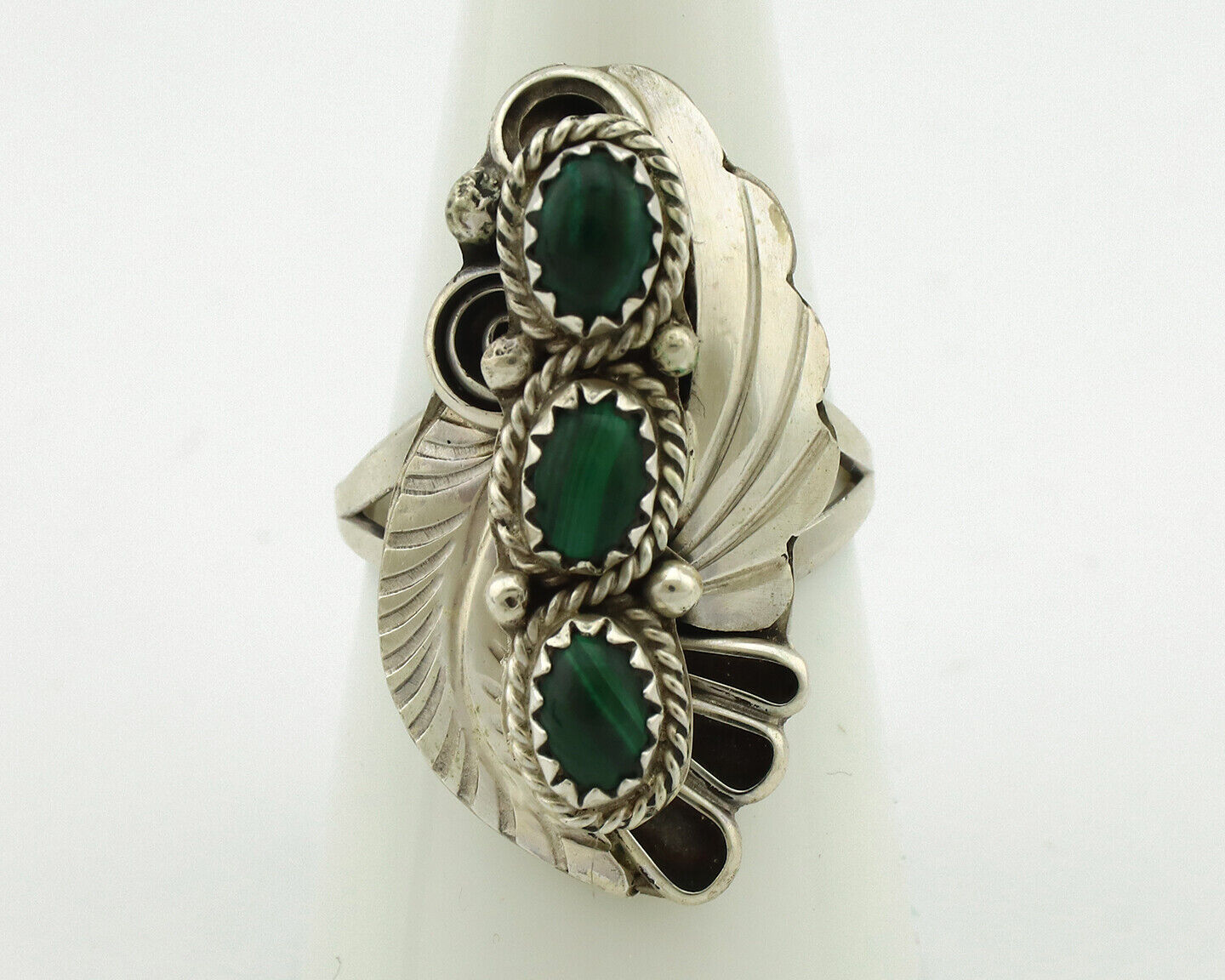 Navajo Ring 925 Silver Natural Green Malachite Signed Justin Morris C.80's
