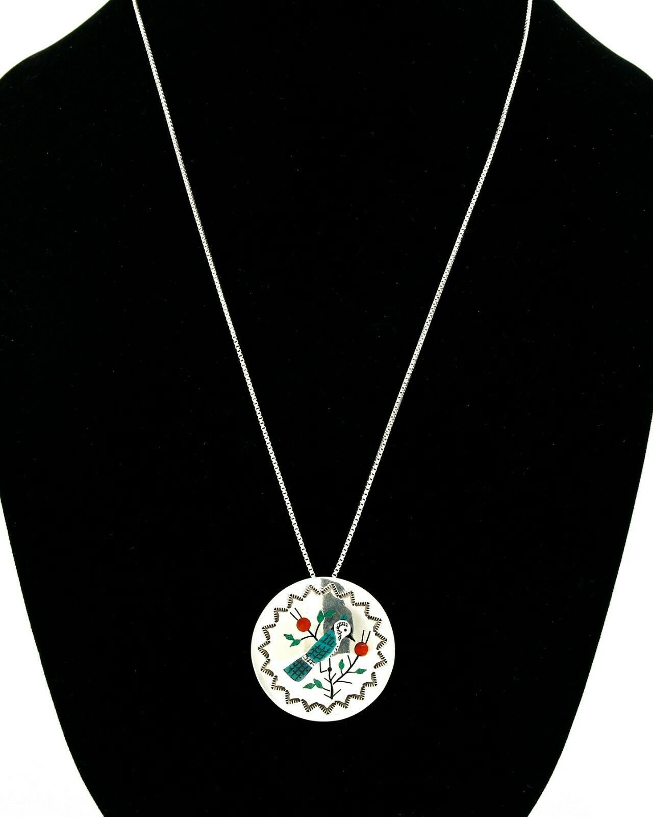 Women's Navajo Pendant Pin Inlaid Gemstone Carved .925 Silver Artist RB