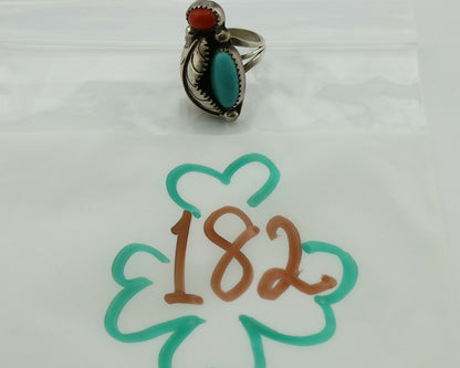 Navajo Ring .925 Silver Turquoise & Coral Native American Artist C.1980's