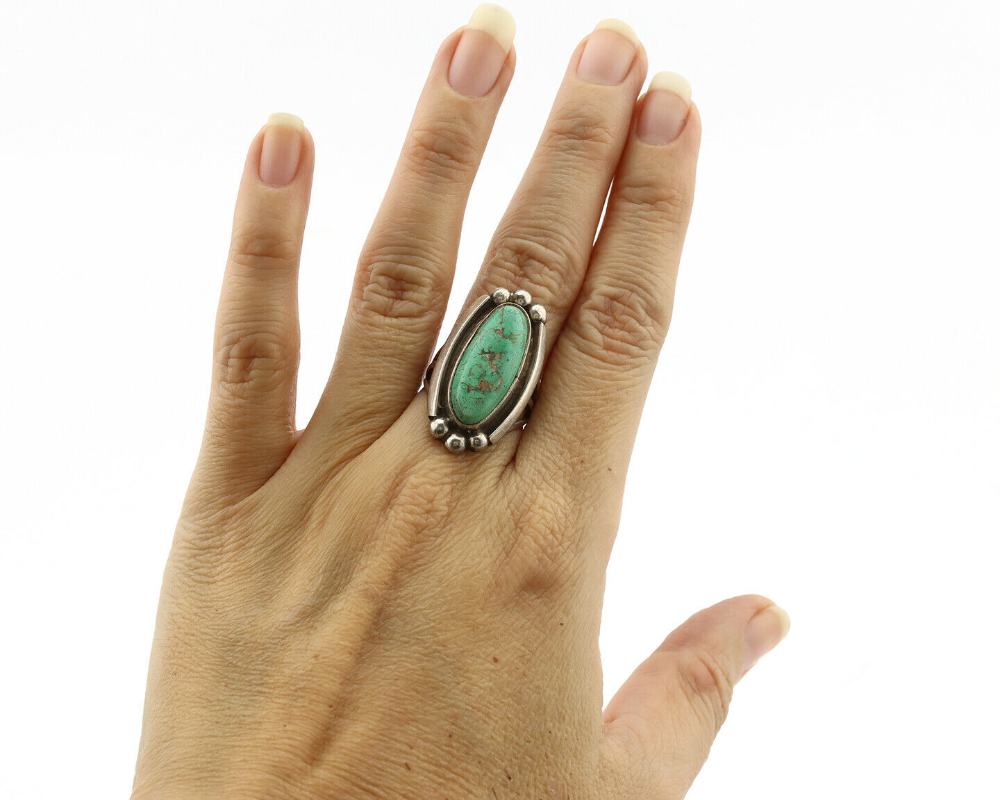 Navajo Ring .925 Silver Green Turquoise Signed Sun C.80's
