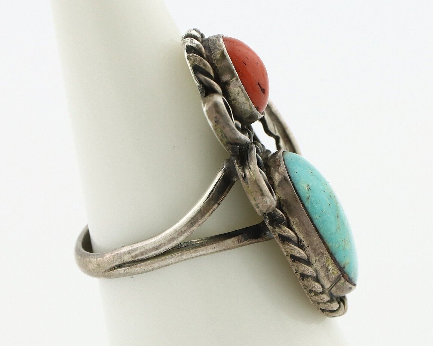 Navajo Handmade Ring 925 Silver Turquiose & Coral Native American Artist C.80's
