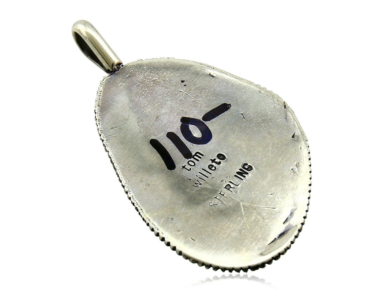 Navajo Pendant .925 Silver Kingman Turquoise Signed Artist Tom Willeto C.80's