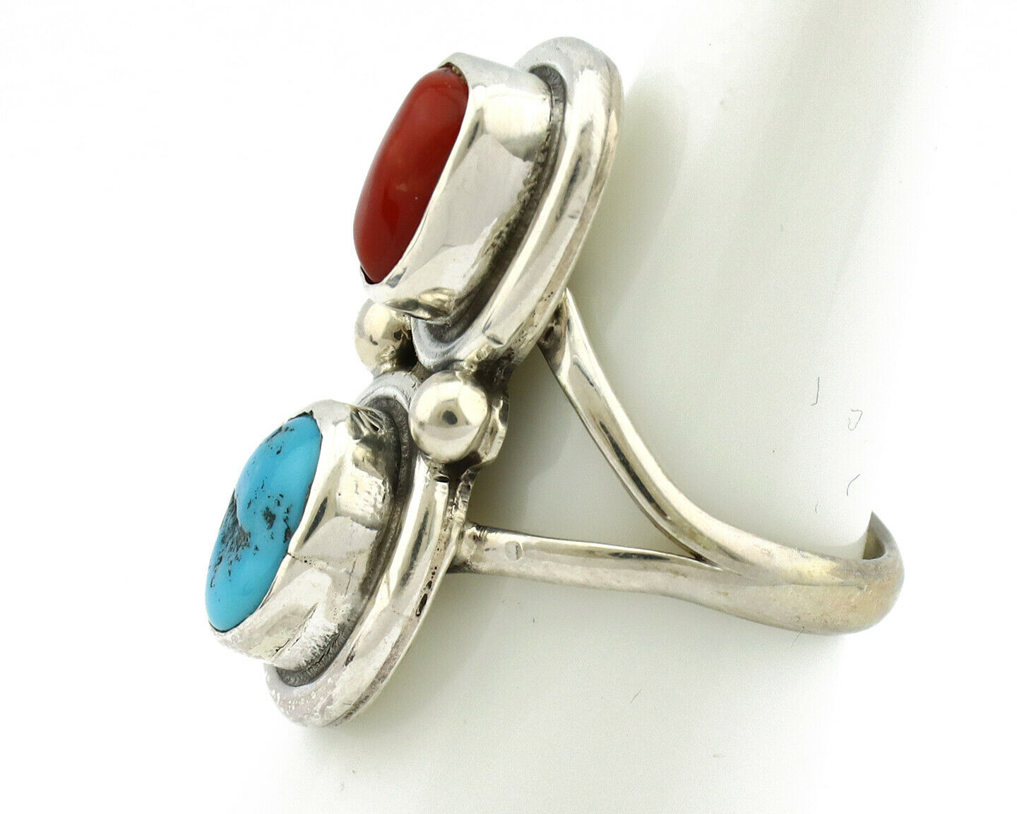 Navajo Ring .925 Silver Red Coral & Blue Turquoise Native Artist C.80's