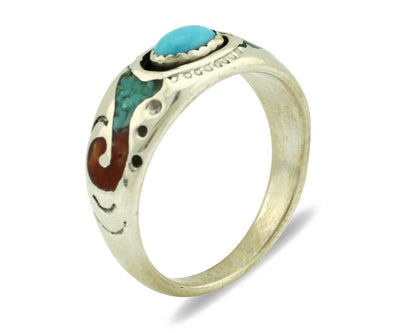 Navajo Handmade Ring 925 Silver Blue Turquoise & Coral Native American C.80's