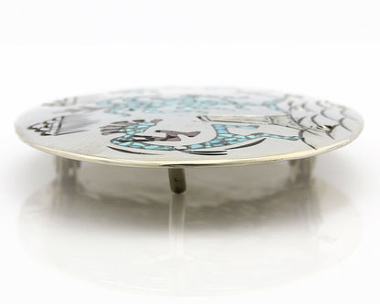 Navajo Belt Buckle .999 Nickle Silver Turquoise Coral Signed SD C.80's