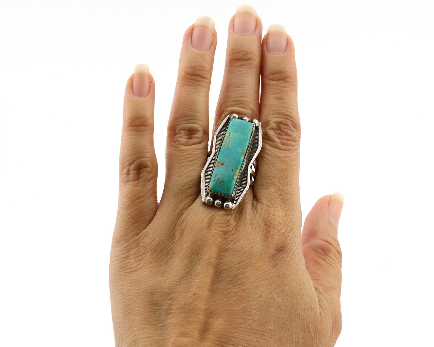 Navajo Ring .925 Silver Kingman Turquoise Artist Signed B C.80's