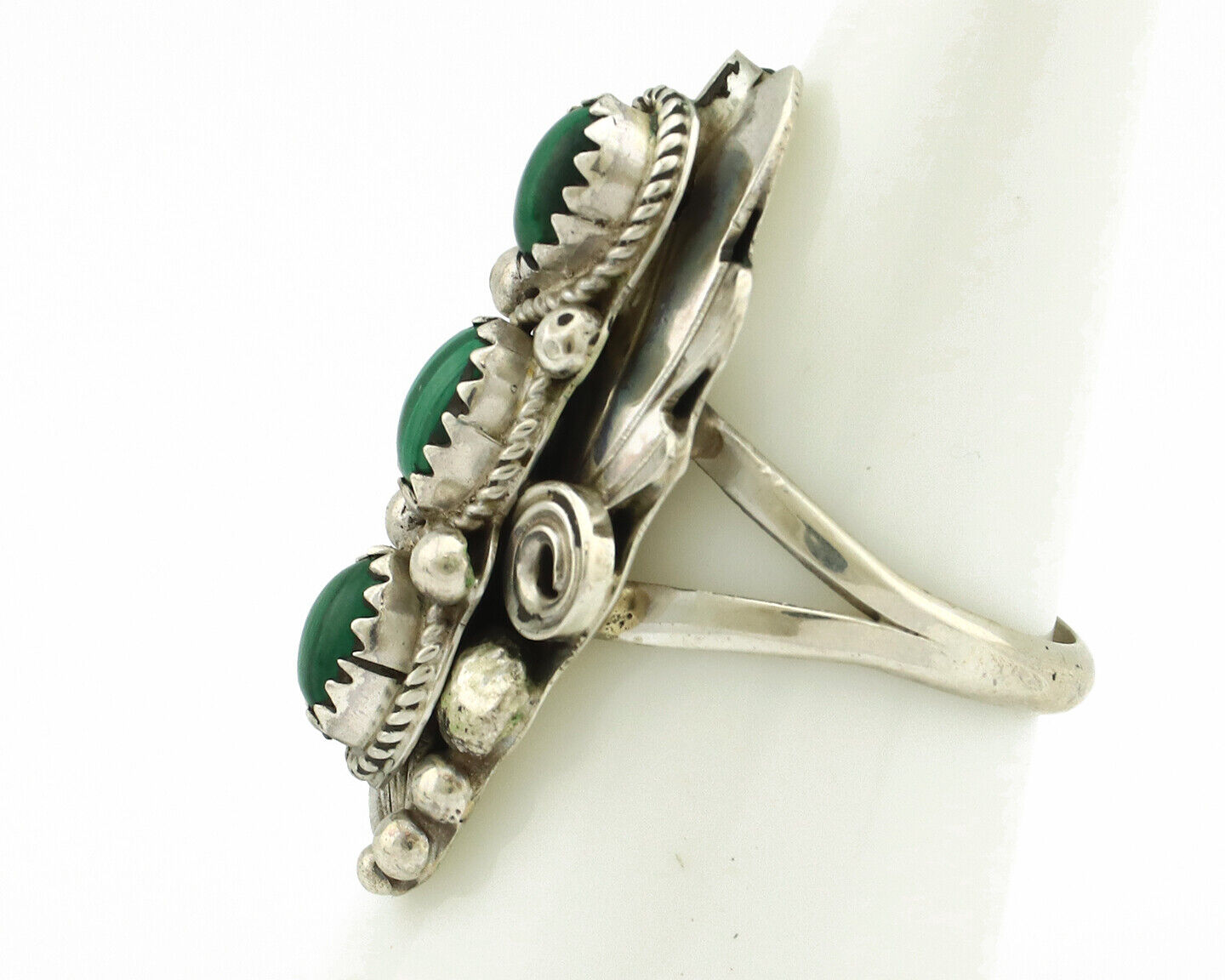 Navajo Ring 925 Silver Natural Green Malachite Signed Justin Morris C.80's