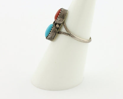 Navajo Handmade Ring 925 Silver Turquiose & Coral Native American Artist C.80's
