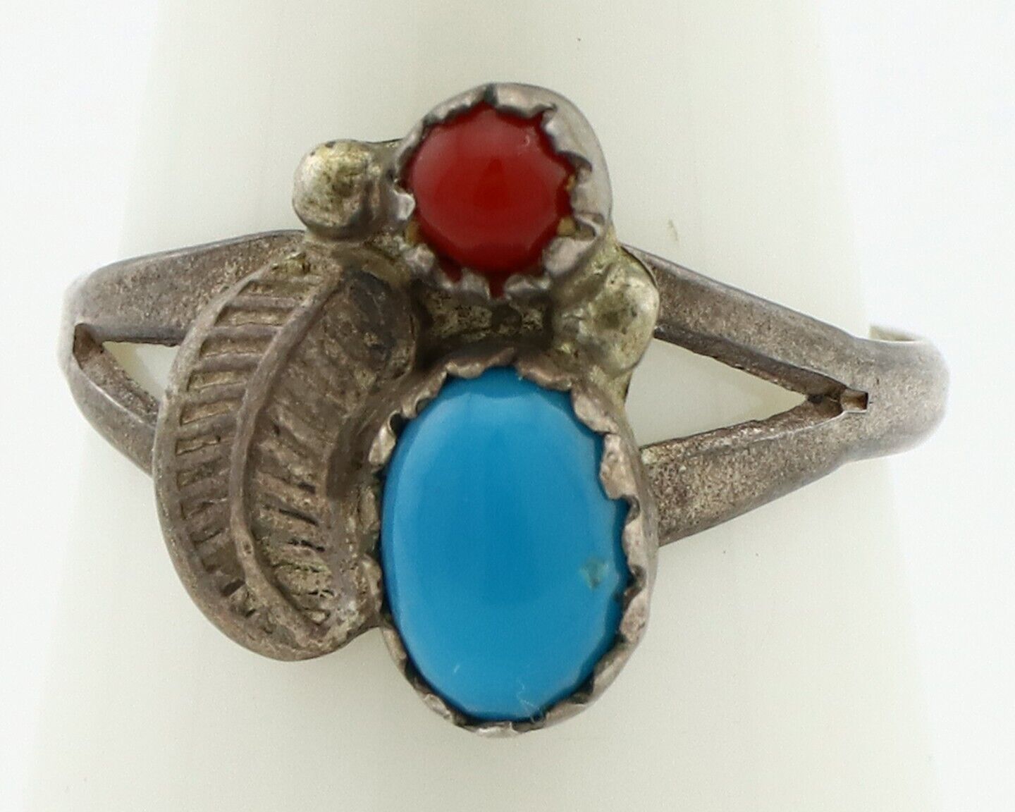 Navajo Handmade Ring 925 Silver Turquiose & Coral Native American Artist C.80's
