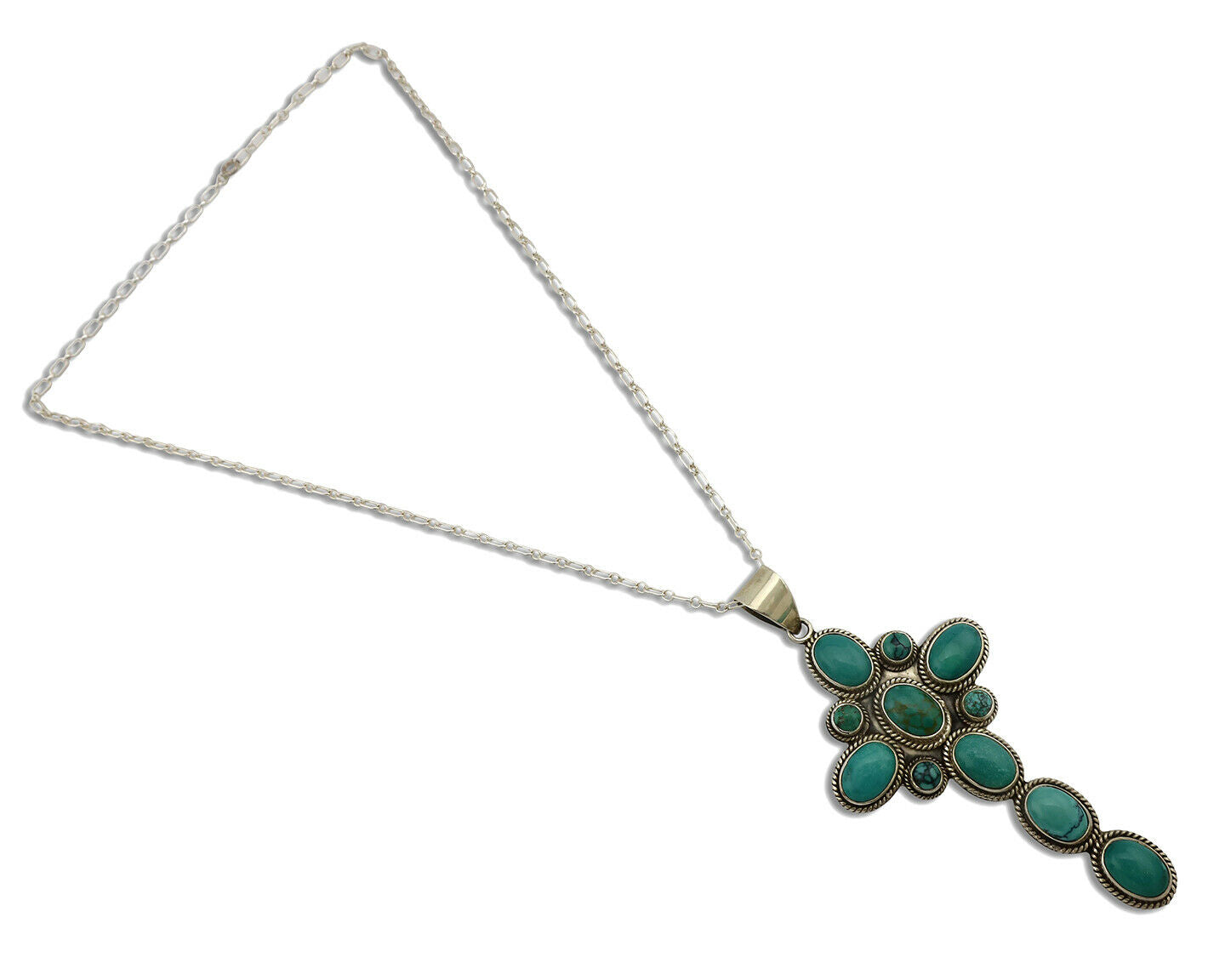 Navajo Cross Necklace .925 Silver Blue Green Turquoise Signed RB C.80's