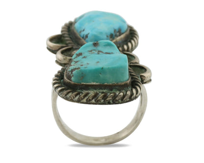 Navajo Ring .925 Silver Globe Turquoise Hand Stamped Native American Artist C80s