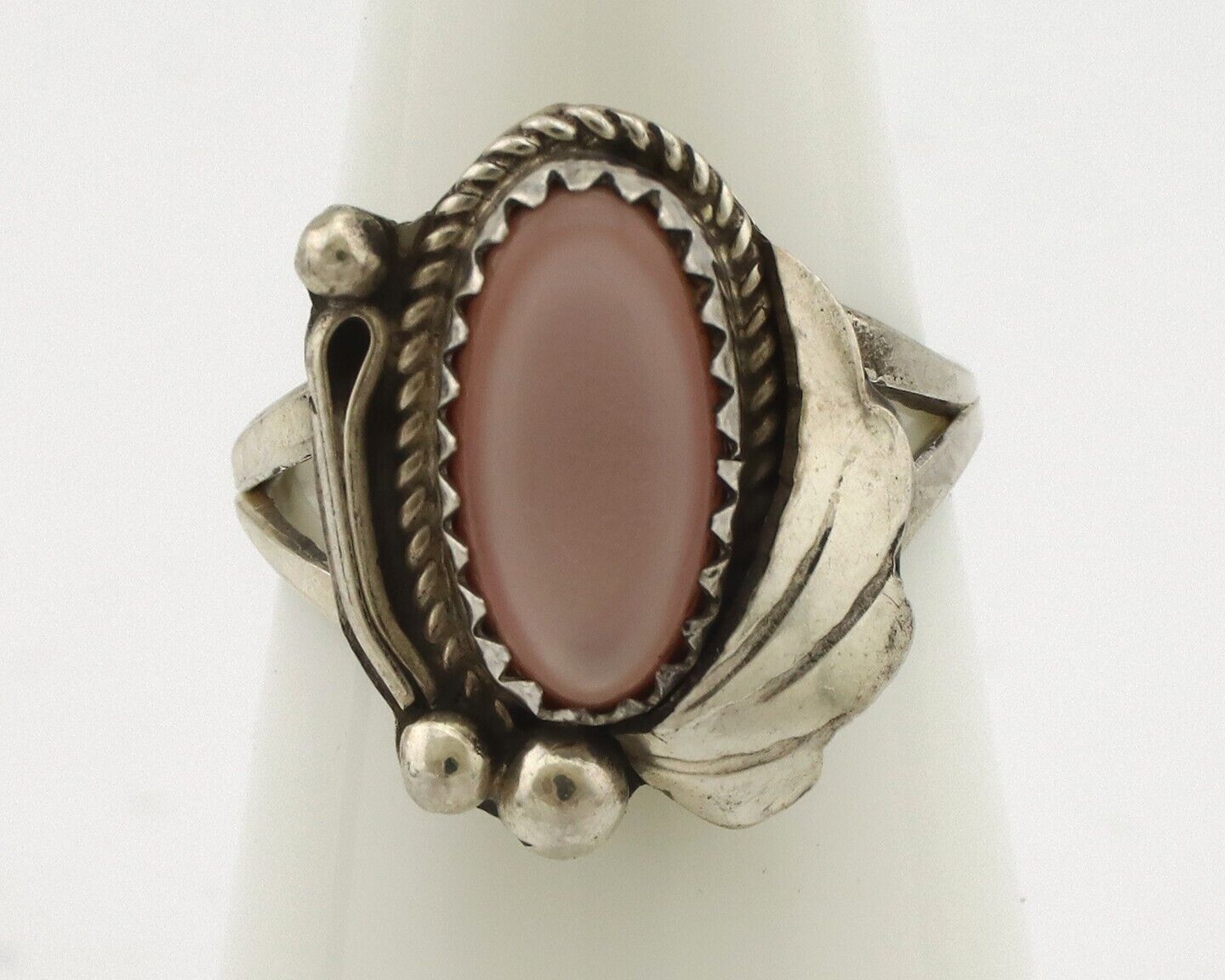 Navajo Ring .925 Silver Natural Pink Mussel Artist Signed Justin Morris C.80's