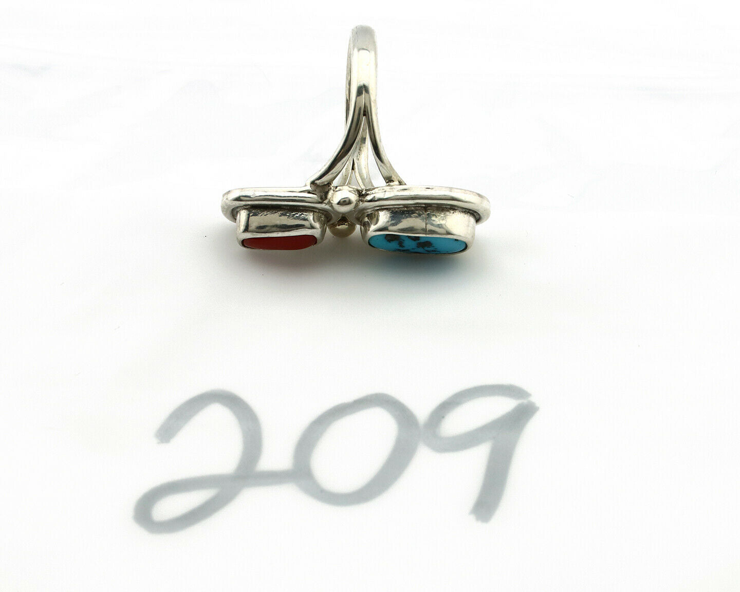 Navajo Ring .925 Silver Red Coral & Blue Turquoise Native Artist C.80's