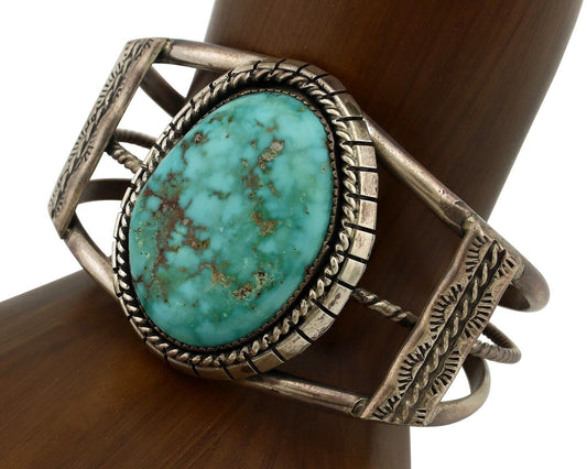 Navajo Bracelet 925 Silver Natural Blue Spiderweb Turquoise Signed Tom Willeto