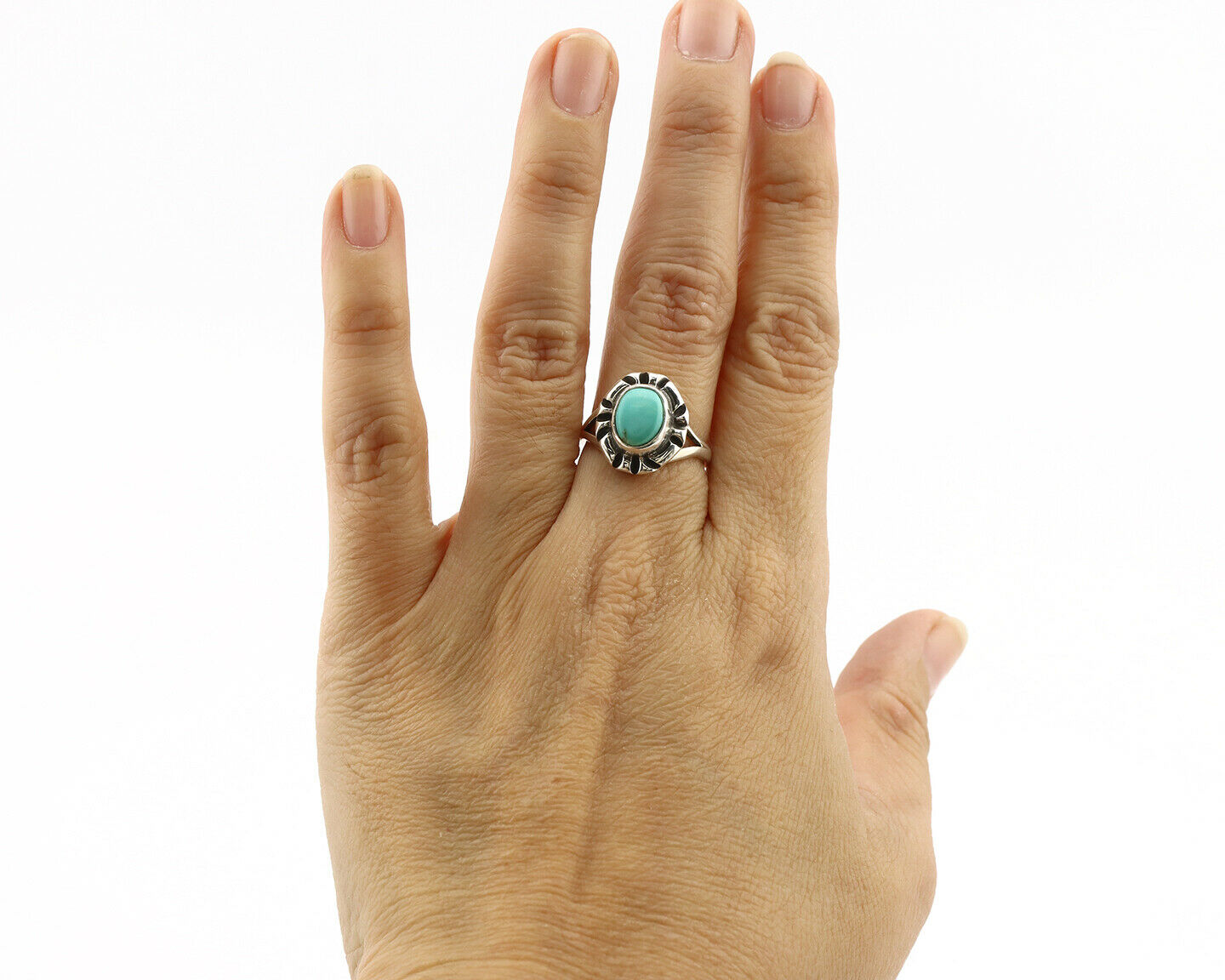 Navajo Ring .925 Silver Kingman Turquoise Artist Signed Gecko C.90's