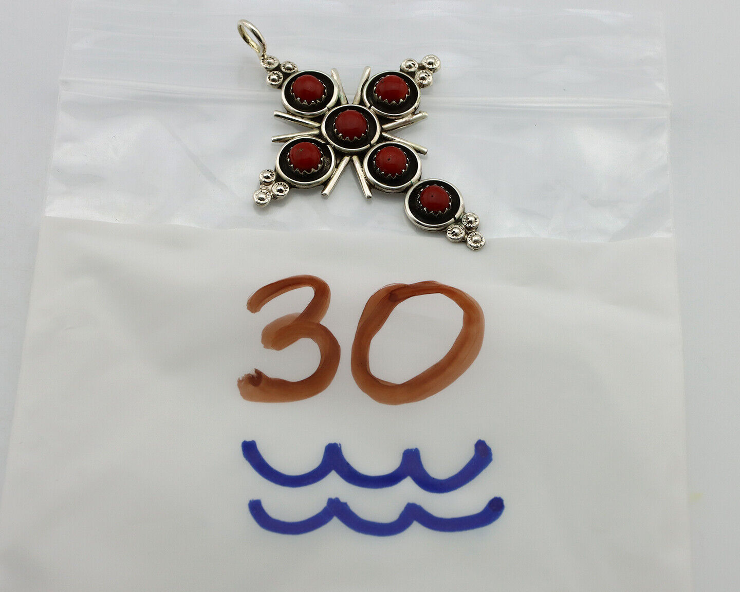 Zuni Handmade Cross Necklace 925 Silver Red Coral Artist Signed NOM? C.80's