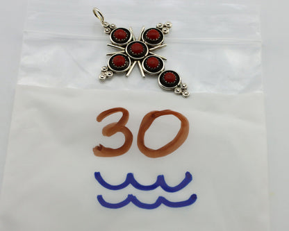 Zuni Handmade Cross Necklace 925 Silver Red Coral Artist Signed NOM? C.80's
