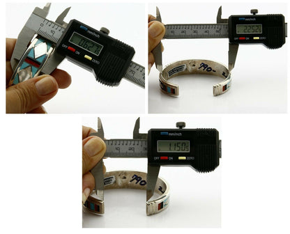 C. 1980's Zuni Inlaid Gemstone .925 Silver Handmade Cuff Bracelet