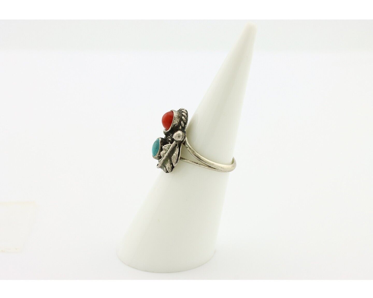 Navajo Handmade Ring 925 Silver Turquiose & Coral Native American Artist C.80's