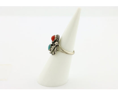 Navajo Handmade Ring 925 Silver Turquiose & Coral Native American Artist C.80's