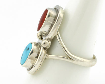 Navajo Ring .925 Silver Blue Turquoise & Red Coral Native American Artist C.80's