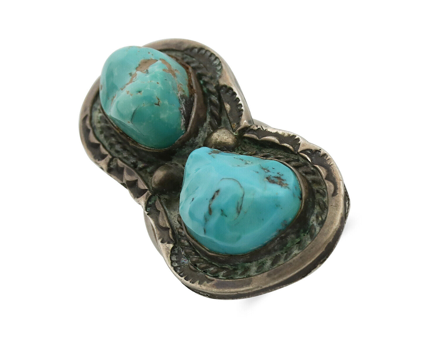 Navajo Ring .925 Silver Globe Turquoise Hand Stamped Native American Artist C80s