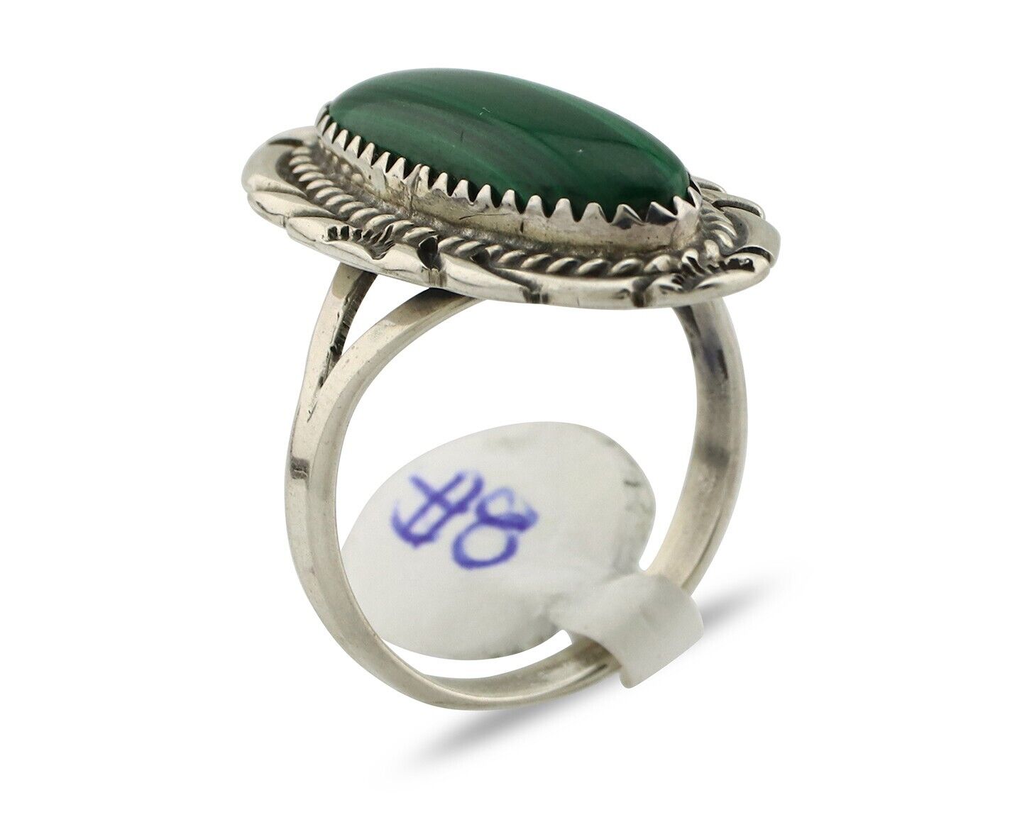 Navajo Ring .925 Silver Malachite Hand Stamped Native American Artist C.80's