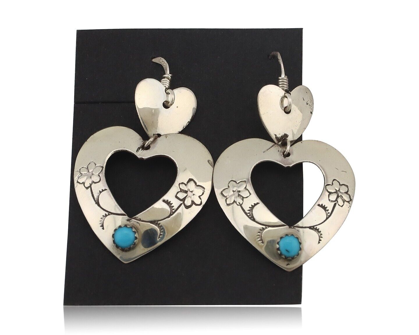 Navajo Dangle Heart Earrings Handmade 925 Silver Blue Turquoise Native Artist 80