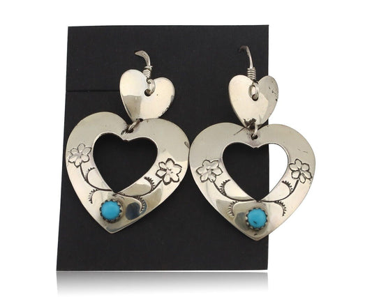 Navajo Dangle Heart Earrings Handmade 925 Silver Blue Turquoise Native Artist 80