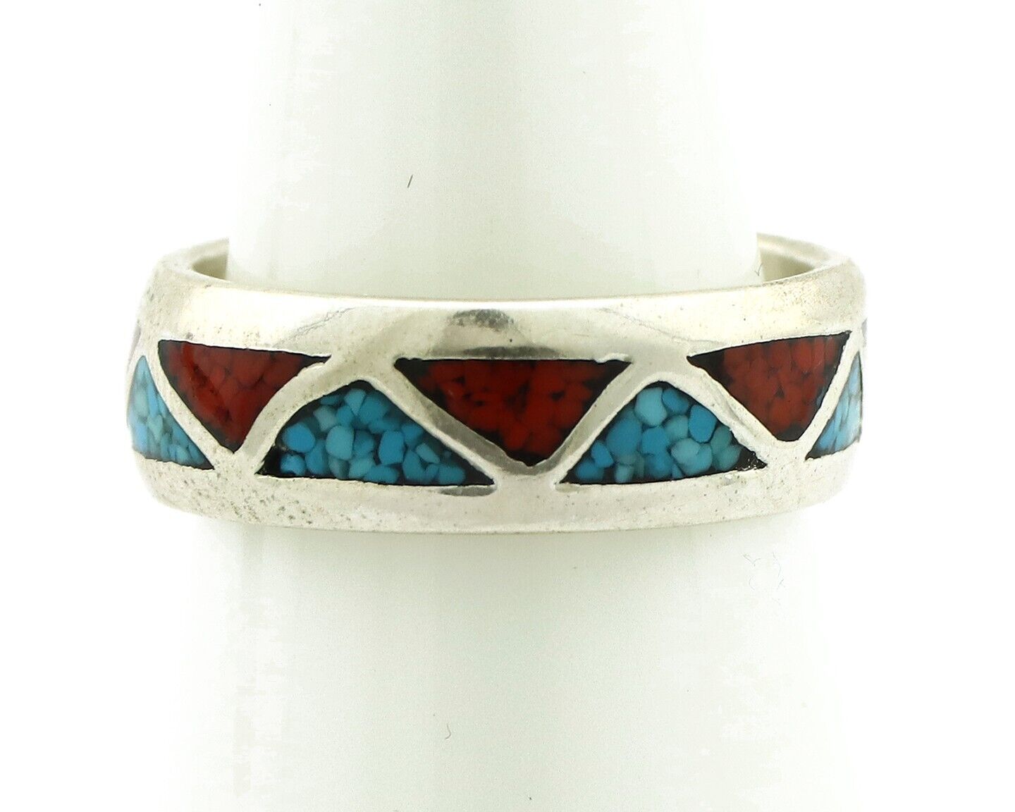 Navajo Chip Inlay Ring 925 Silver Sleeping Beauty Turquoise & Coral Silver Cloud