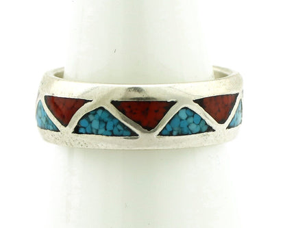 Navajo Chip Inlay Ring 925 Silver Sleeping Beauty Turquoise & Coral Silver Cloud
