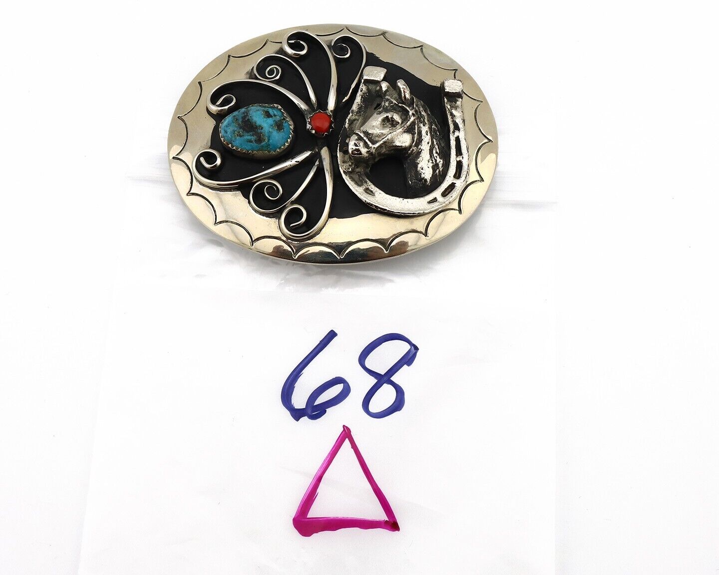 Navajo Horse Belt Buckle Nickle Silver Gemstone Handmade Native American C.80's