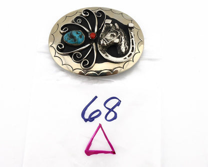 Navajo Horse Belt Buckle Nickle Silver Gemstone Handmade Native American C.80's