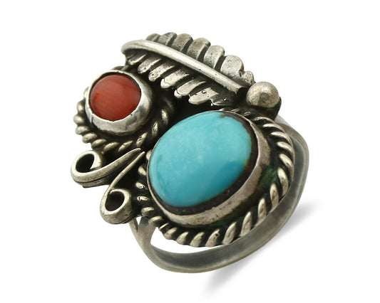 Navajo Ring .925 Silver Turquoise & Coral Native American Artist C.1975's